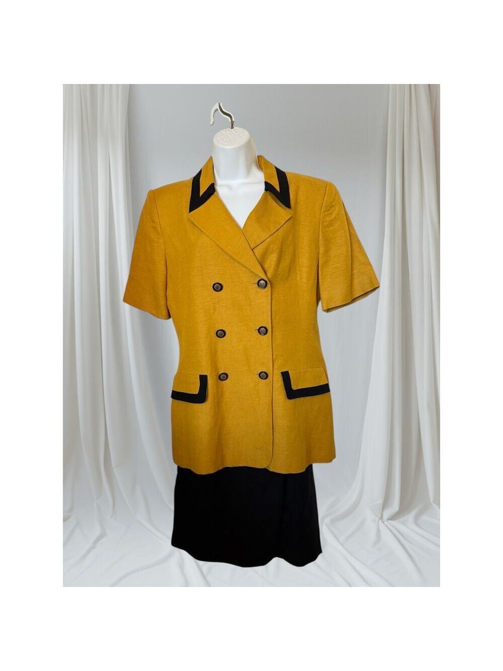 Vintage Oleg Cassini Mustard & Black Linen Double-Breasted Skirt Suit Set